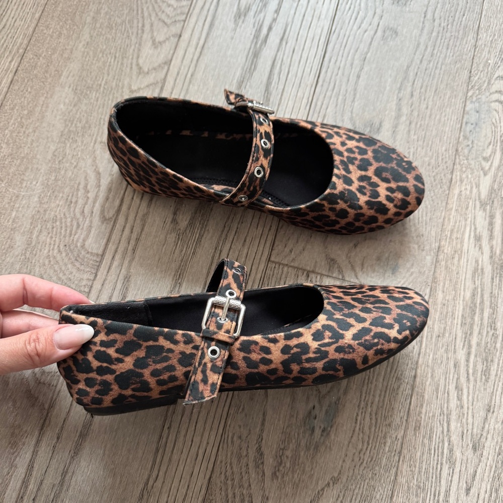 Zara Girls 35 Mary Jane 🐆 Leopard Ballerina Flats Brown Metal Ballet Slippers